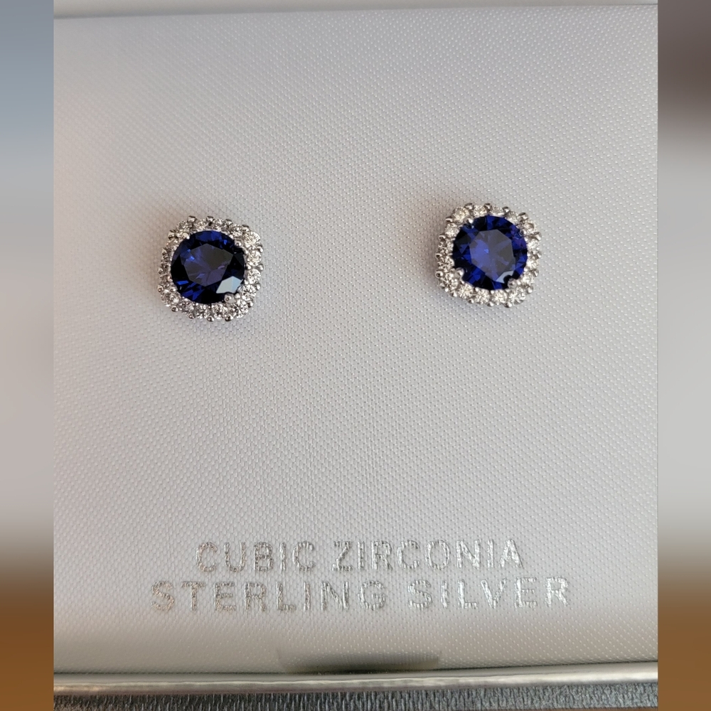 Primrose Sterling Silver Sapphire Square Cubic Zirconia Earrings